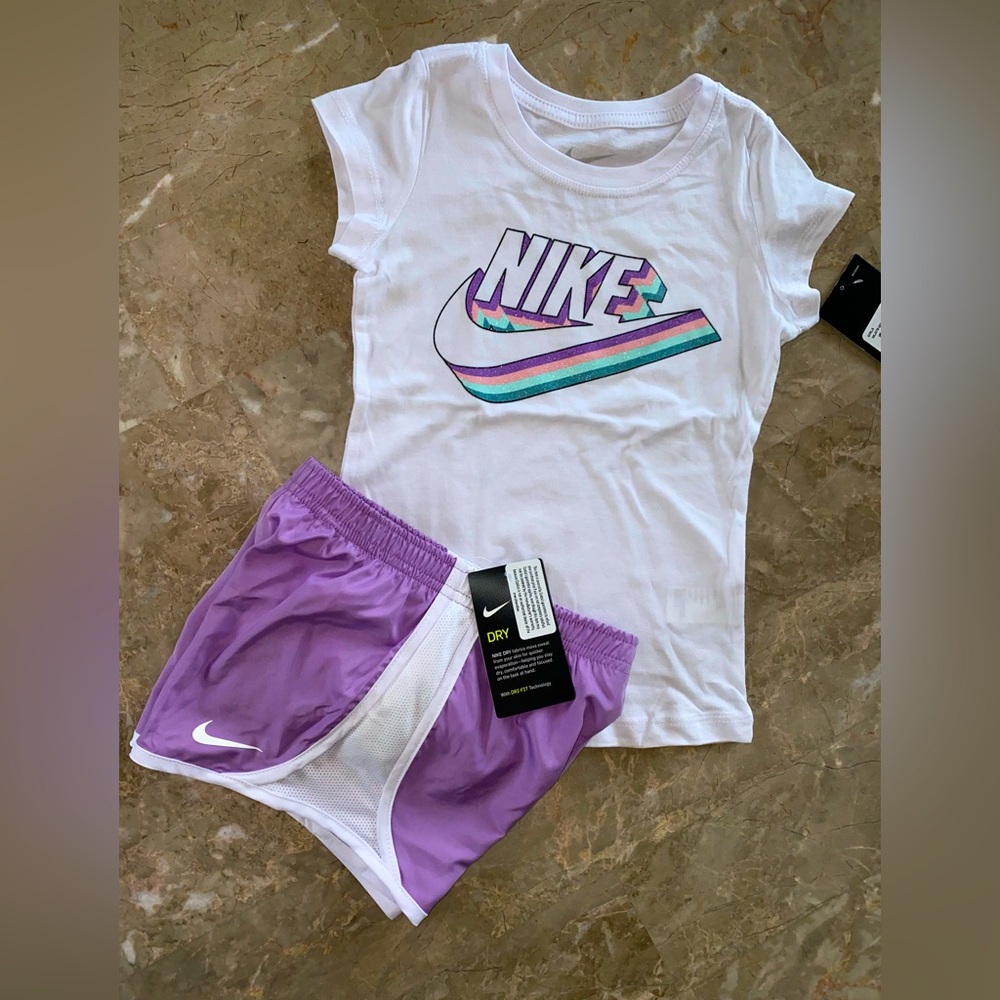 Nike Girls Sz 6 White Tee & Purple Shorts Matching Set